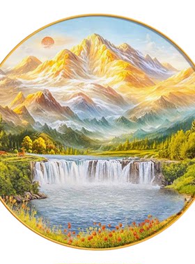 绿水青山入户玄关圆形挂画现代简约走廊过道装饰画书房壁画山水画