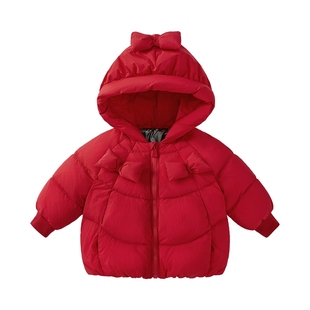 [三防抗菌锁温]女童红色羽绒服小童冬季面包服鸭绒连帽宝宝外套冬