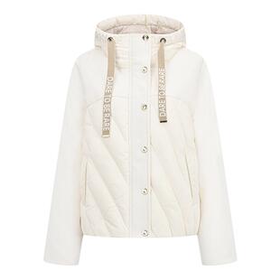 RARE威雅女装冬季新款米白羊毛拼接斜条纹羽绒服RR22461307