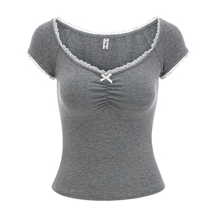 Go Girl Go 自制欧美风蕾丝花边纯色U领短袖T恤女修身短款上衣