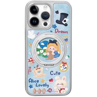 梦游仙境适用苹果17Promax手机壳新款15旋转磁吸带支架iPhone16Pro保护套支点ip14高级的可爱女13pm全包仿皮