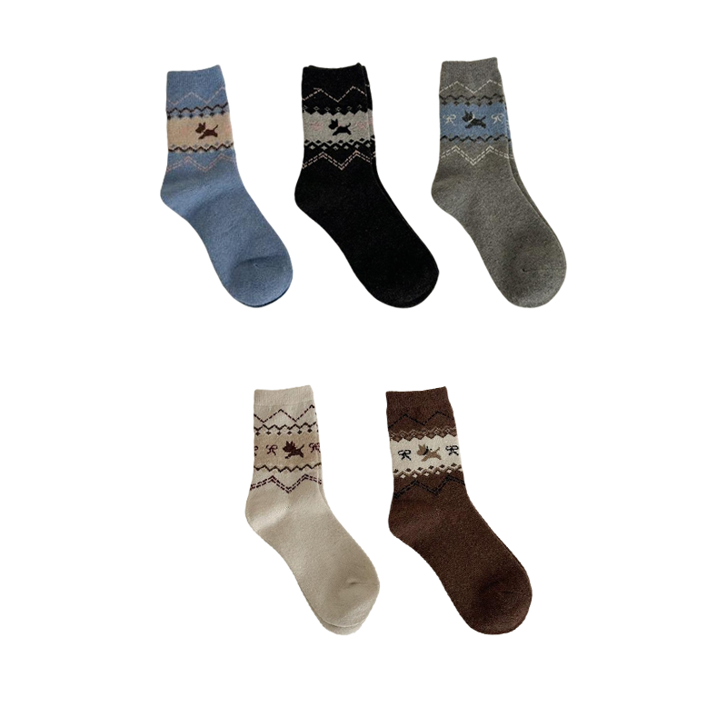 费尔岛复古小狗袜子女秋冬加厚保暖羊毛蝴蝶结卡通日系可爱中筒袜