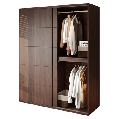 定制复古全实木胡桃木色橡木推拉门衣柜新款衣橱滑门储物柜子卧室