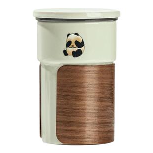 泥印熊猫女生高颜值随手杯马克杯带盖陶瓷杯子大容量茶杯茶水分离