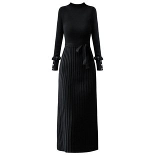 秋冬黑色打底裙修身过膝毛衣长款裙子女冬长裙加厚百褶针织连衣裙