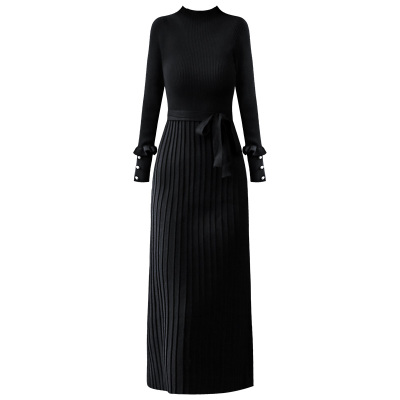 秋冬黑色打底修身过膝毛衣长款