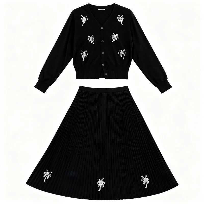 Rou8ao微胖大码女装秋季韩系高级感刺绣亮片开衫高腰半身裙两件套