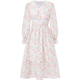 乐町精致V领长款碎花裙年春新款甜美浪漫约会裙长袖飘逸连衣裙