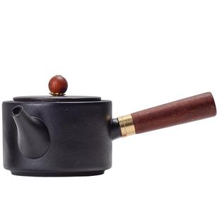 黑陶描金梨花木侧把壶单个陶瓷黑色复古功夫茶具家用小泡茶壶定制