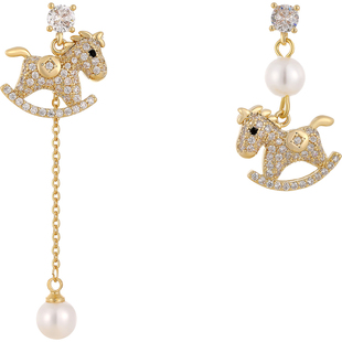 金色满钻小马珍珠长款耳坠耳环女2026新款爆款耳钉不对称马年耳饰