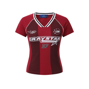 Double美式复古红色辣妹运动条纹撞色V领短袖T恤女修身球衣短上衣