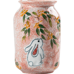 景德镇水培插花器新中式复古收纳可爱摆件小花器手绘兔子陶瓷花瓶