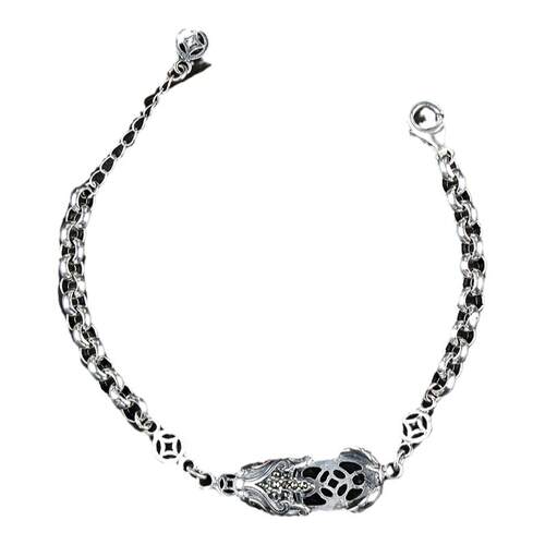 S925银金钱貔貅手链空托 o字链手链镶嵌蜜蜡琥珀男女手链托8*13mm