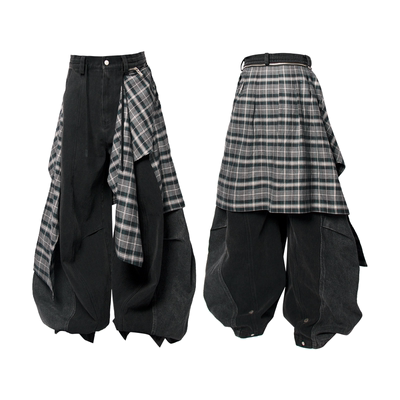 RELABEL可拆卸格纹屁帘牛仔裤