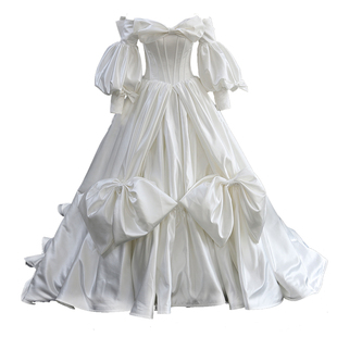 复古泡泡袖缎面蝴蝶结拖尾婚纱简约甜美修身宫庭大码礼服高端定制