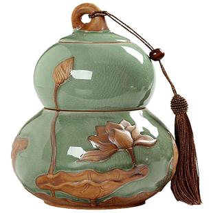 哥窑茶叶罐陶瓷葫芦罐普洱茶密封罐青瓷存储物罐大小号茶叶包装罐