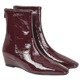 fed高级感真皮坡跟酒红色瘦瘦靴女秋冬新款后拉链中跟方头小短靴