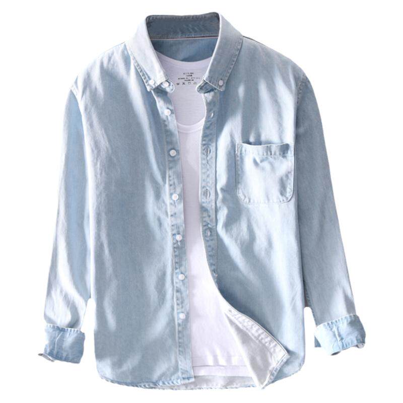 浅色牛仔衬衫男长袖薄款夏季宽松纯棉水洗衬衣男士休闲上衣外套潮