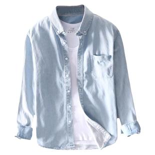 浅色牛仔衬衫男长袖薄款夏季宽松纯棉水洗衬衣男士休闲上衣外套潮