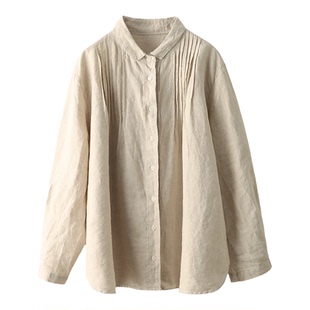 双股34支100%重工敦实亚麻衬衫文艺风琴褶翻领长袖衬衣单排扣上衣
