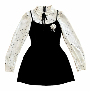 越韩小鱼 慢调巴黎 假两件丝绒拼波点连衣裙显瘦法式千金小黑裙女