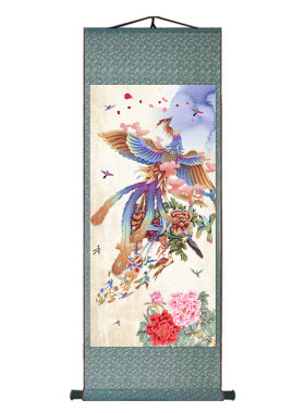 国画百鸟朝凤图玄关装饰挂画现代入户中欧式卷轴吉祥如意凤凰字画