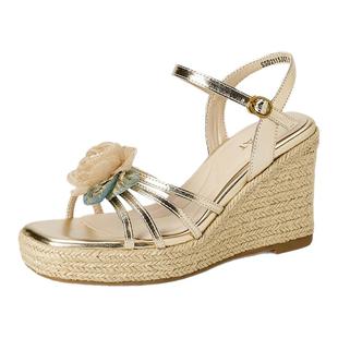 星期六新款小个子厚底坡跟凉鞋女夏增高配裙子编织高跟鞋金色银色