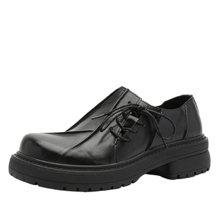 皮鞋男款2026新款年轻人休闲鞋黑色痞帅高级感鞋子褶皱厚底德比鞋