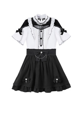 《朝与夜的魔法少女》蕾服哥特风蕾丝短袖刺绣收腰两件套蕾服