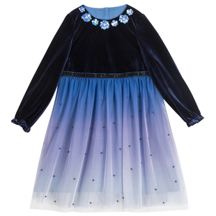 LittleNaive春秋装儿童公主裙渐变蓬蓬网纱裙礼服丝绒女童连衣裙