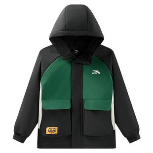 安踏儿童外套男童丝光绒上衣2025秋冬款潮酷撞色保暖运动连帽外套