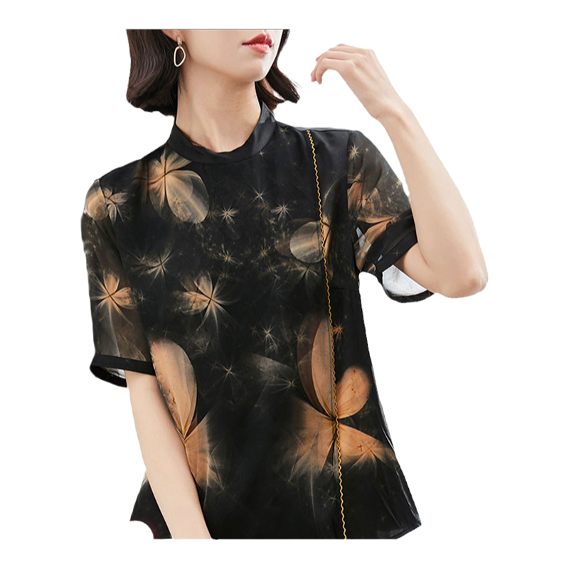 重磅真丝绸缎t恤女2026夏新款短袖印花小衫洋气质双层桑蚕丝上衣