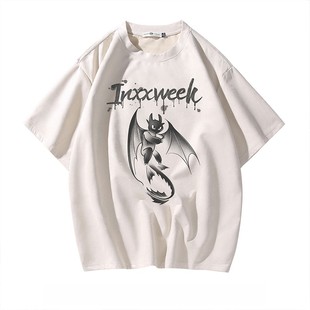 短袖t恤夏季男欧美式潮牌街头风高街vibe宽松重磅麂皮绒涂鸦体恤