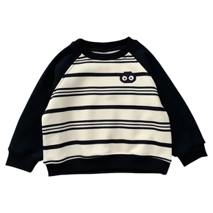 男童一体绒卫衣洋气条纹儿童宝宝纯棉插肩袖套头衫秋冬加绒上衣潮