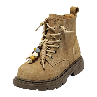 百丽童鞋女童马丁靴2026冬季新款男童加绒大黄靴英伦风儿童短靴子