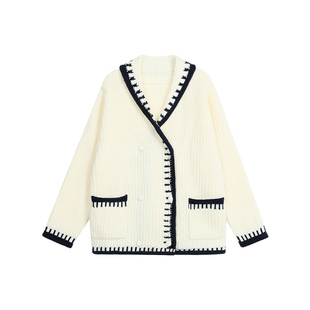 pusumede时髦腔调 慵懒V领撞色毛衣外套女宽松设计感卷边针织开衫