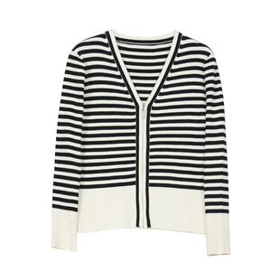 Yifini/易菲落肩V领短款毛织外套女春秋新款黑白条纹针织开衫