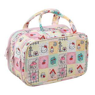 格子猫咪化妆包大容量手提旅行洗漱化妆品便携包多功能分区收纳袋