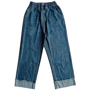 日系松紧腰小个子宽松复古直筒牛仔裤女九分阔腿裤2026春秋季新款