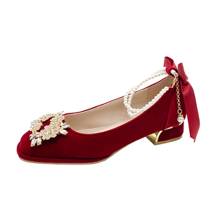酒红色秀禾敬酒主婚纱婚鞋女新娘鞋水钻蝴蝶结玛丽珍不累脚高跟鞋