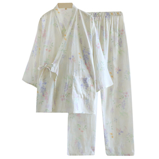 睡衣女夏季纯棉纱布日式和服领长袖薄款100全棉家居服套装汉服