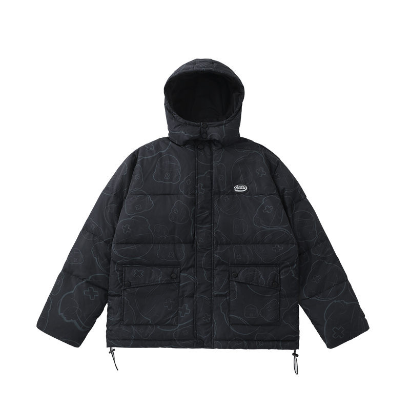 LAMLICKA LAM国潮满印小熊字母宽松连帽开衫棉服男廓形多口袋外套