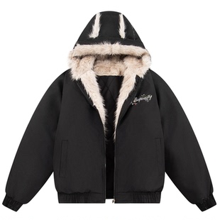 猫耳可爱情侣花卉毛绒外套美式百搭休闲保暖柔软抗寒棉服男女同款