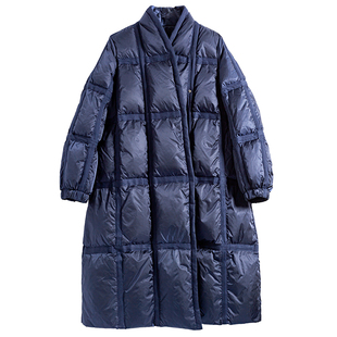 TidePA | Vintage古着文艺 加厚藏蓝色和尚领羽绒服女冬季中长款