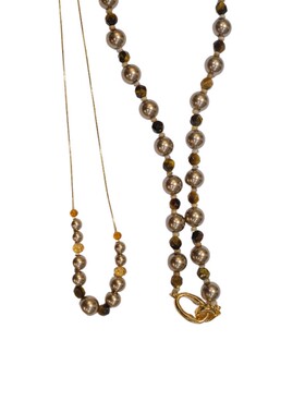 秋冬叠戴虎眼石摩卡金棕珍珠项链