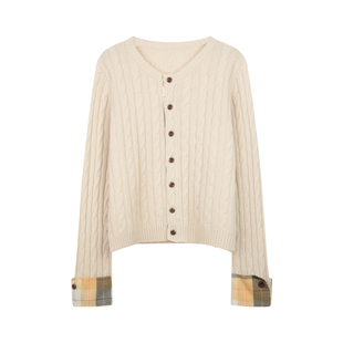 BLUEerror 全羊毛绞花圆领撞色格纹毛衣开衫女慵懒短款针织衫冬季