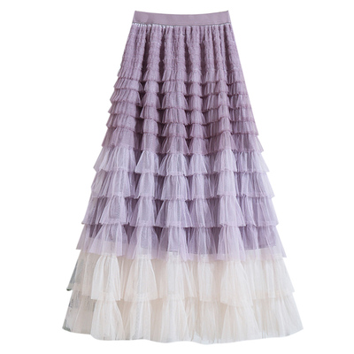 法式仙女多层次拼色网纱半身裙