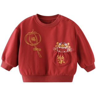 男童卫衣秋冬款儿童休闲装红色喜庆新年服宝宝衣服中国风女童上衣