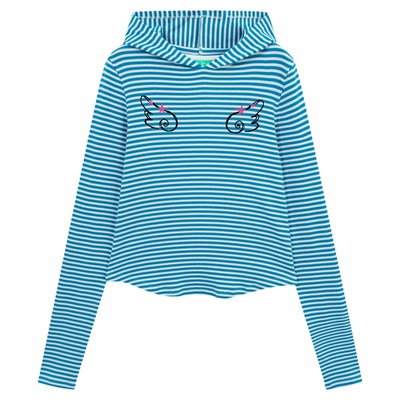 riverstone plus 连帽条纹对称翅膀印花薄卫衣女正肩修身长袖t恤