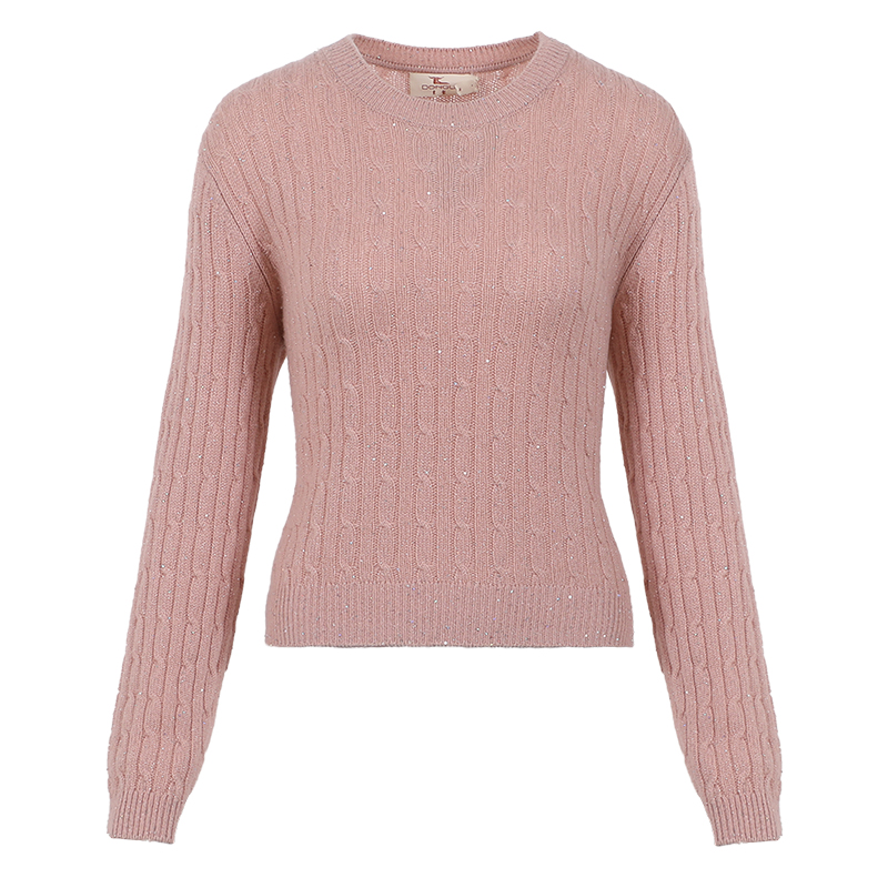 东黎山羊绒 女士秋冬圆领绞花珠片针织套衫宽松长袖保暖毛衣4A97